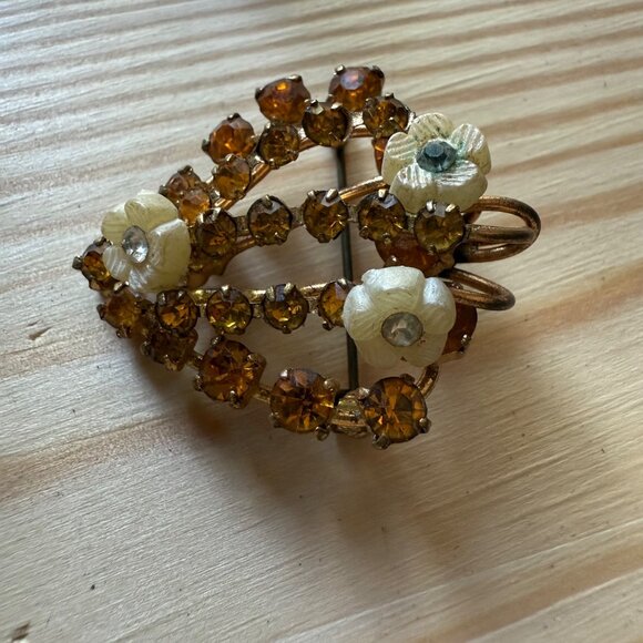 Vintage Austrian Rhinestone & Floral Clip-On Earrings & Brooch Set Mid Century - Picture 7 of 12